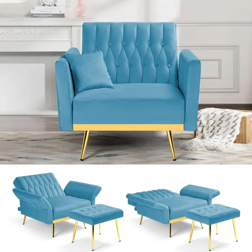 Vista 19 de Silla decorativa de terciopelo con respaldo y reposabrazos ajustables, azul