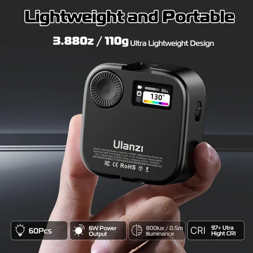 Vista 3 de Ulanzi U60 RGB Video Light, luz de cámara LED portátil con 360° color CRI≥95 2500-9000K lámpara de panel regulable, panel LED de 2500 mAh Negro