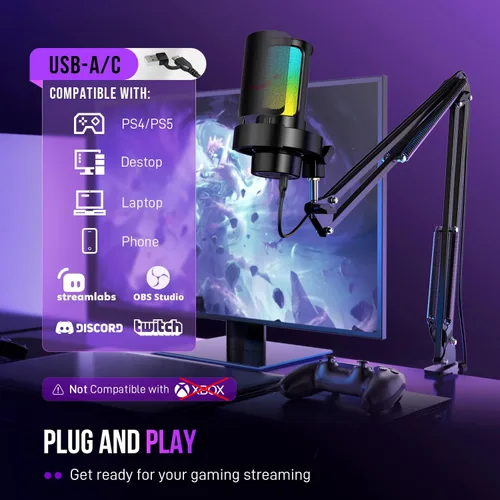 Vista 5 de Kit de micrófono USB para juegos FIFINE, micrófono para transmisión de PC con luces RGB, silencio, perilla de ganancia, brazo articulado de metal