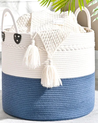 Vista 9 de KAKAMAY Cesta grande para manta (18 x 18 x 16 pulgadas), cesta tejida para ropa sucia para bebé, cestas de cuerda de algodón para guardería, Blanco