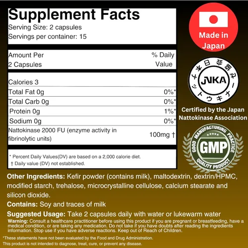 Vista 6 de Nattokinase 2,000 FU and Kefir Supplement - Made in Japan - Patented Double Edged Support for Cardiovascular and Circulatory System (30 Capsules)