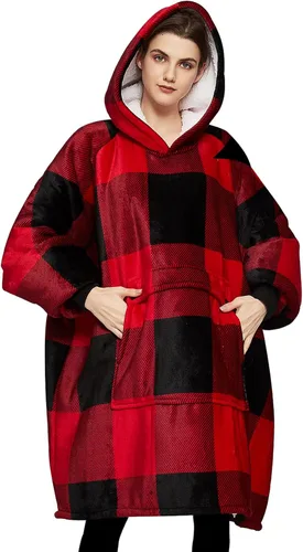 Vista 48 de Manta portátil de sherpa con capucha, para adultos, todos los patrones, de gran tamaño, sudadera con bolsillos