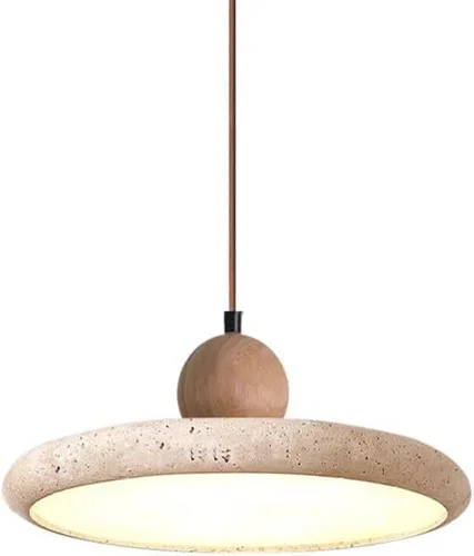Large Yellow Travertine Pendant Lights Nordic 3000K Warm Light Hanging Lamp 11.8IN Round Dining Room Chandelier with Wood Accents for Kitchen Island