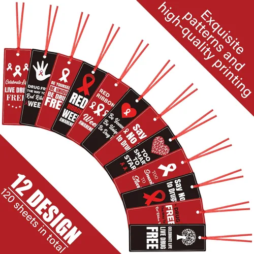 Vista 3 de Qilery 120 marcapáginas de cinta roja sin drogas de la semana de cinta roja, marcadores de concientización de la semana de la semana de la cinta