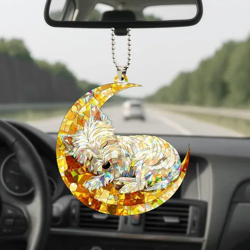 Vista 10 de Talataca West Highland Terrier Sleeping Angel Wing Memorial Dog 2D Flat Car Espejo Retrovisor Accesorios Árbol de Navidad Decoración Colgante