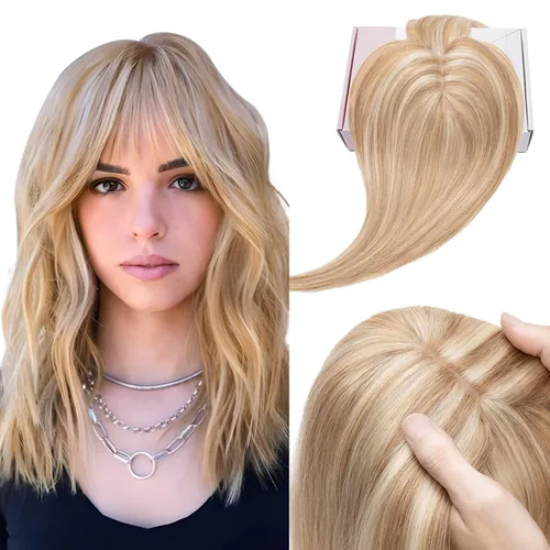 Vista 21 de Elailite Pelucas para mujeres con flequillo, cabello humano real, topper con cabello fino delgado de 13 cm x 7.1 cm, base de seda, cabello Remy