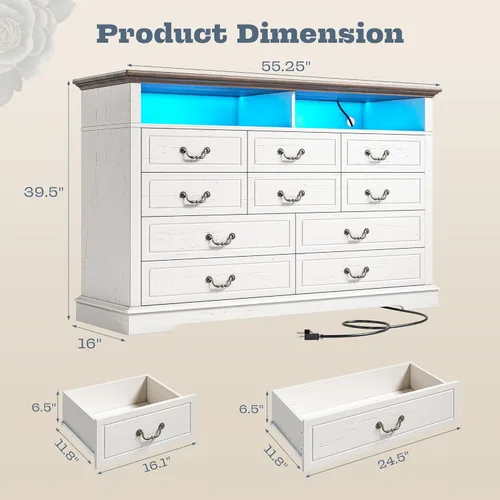 Vista 2 de Cómoda Romorgniz con 10 cajones blanca para dormitorio, cómoda grande de estilo granja con luces LED y estación de carga para dormitorio