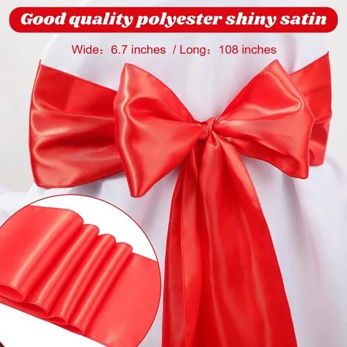 Vista 2 de Breling 80 cintas de satén para silla, color rojo, elegante, lazos en la parte trasera, fundas universales para silla, cintas para bodas
