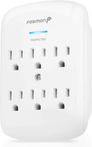 Fosmon Protector de sobretensiones de montaje en pared de 6 tomas, supresión de sobretensiones de 3 clavijas, 1200 julios, 15 A, 125 VCA, 60 Hz,