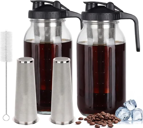 Cafetera de preparación fría, 2 paquetes de jarra de 64 onzas con vidrio Durabel y filtro de malla de acero inoxidable, fosa de vidrio a prueba de