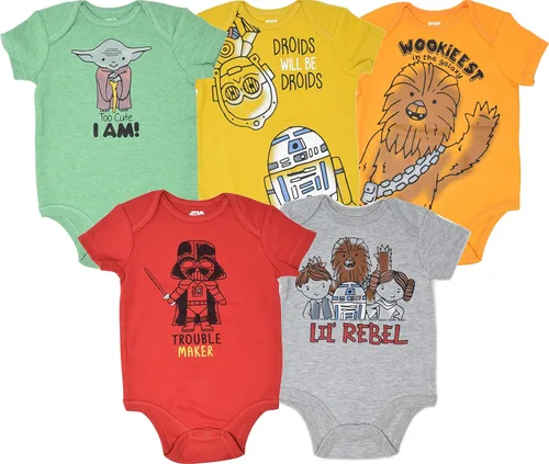 STAR WARS Chewbacca C-3PO R2-D2 Darth Vader Yoda, paquete de 5 mamelucos de manga corta para recién nacidos a bebés, Rojo -