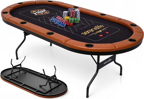 SereneLife Player - Póker plegable ovalado, mesa Texas Holdem, con riel acolchado resistente al agua, 10 portavasos, superficie de fieltro marrón