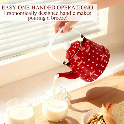 Vista 8 de Estufa de té esmaltada vintage de 1.8 cuartos de galón, tetera esmaltada con manchas rojas y blancas, esmalte en acero y café con asa, hervidor