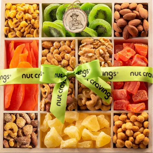 Vista 18 de NUT CRAVINGS - Cesta de regalo con arreglo floral de frutas secas navideñas en cesta de regalo de madera en forma de manzana + bandeja (9 surtido)