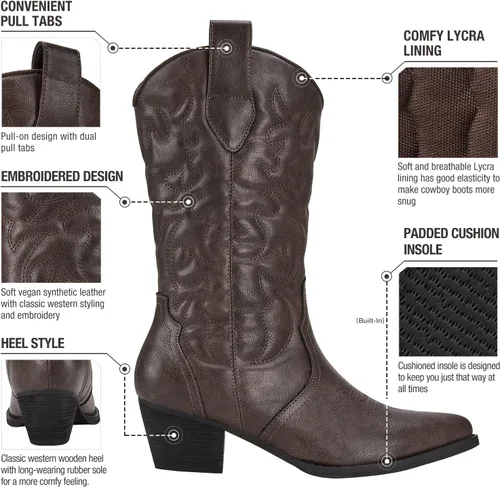 Vista 3 de Rollda Botas vaqueras occidentales para mujer con punta puntiaguda, botas vaqueras de media pantorrilla, botas de moda bordadas con tacón grueso