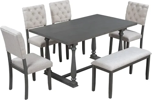 Vista 16 de Merax Juego de 6 piezas de comedor de 60 pulgadas para el hogar, cocina, comedor, juego de mesa rectangular con 4 sillas tapizadas y un banco, juego