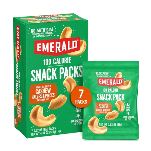 Emerald Nueces de anacardos tostados y salados, 7 unidades (paquete de 1), paquetes individuales de 100 calorías, certificado Kosher, sin OMG, no