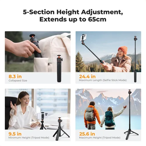 Vista 6 de K&F CONCEPT Mini trípode para selfie stick de 25.6 pulgadas, trípode de bolsillo con cabeza de bola de 360° de 5 niveles con zapata fría, trípode