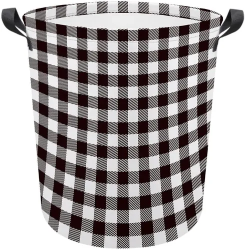 Vista 11 de Cesta de lavandería grande a cuadros de búfalo plegable con asas, bolsa de almacenamiento de ropa impermeable para baño, dormitorio, amarillo y negro