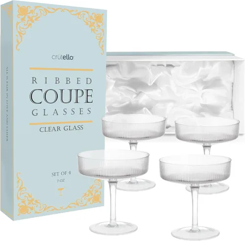 Vista 8 de Crutello Juego de 4 copas de champán Coupé, copas de cóctel vintage rosa de 7 onzas, cristalería acanalada para champán, Martini, Manhattan