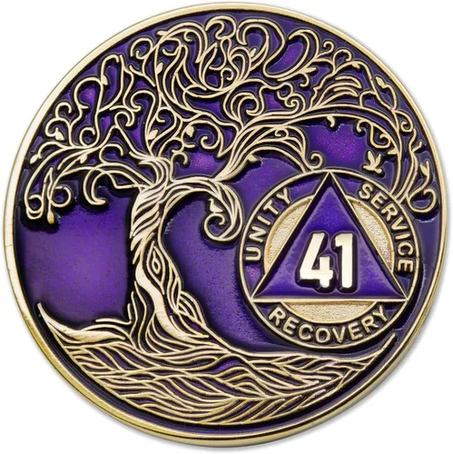 Vista 186 de 1 año Sobriety Mint Twisted Tree of Life Medallón de recuperación AA chapado en oro, chip/ficha - negro