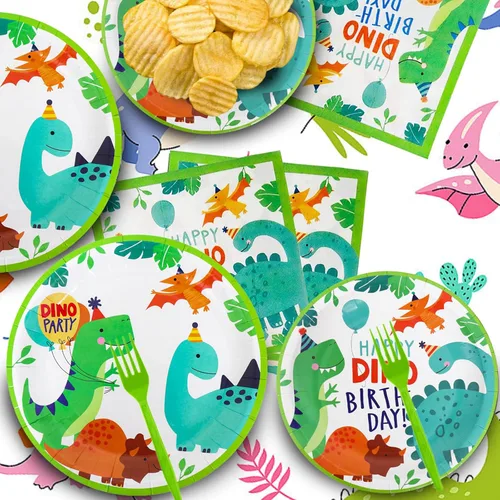 Vista 2 de 96 piezas de suministros de fiesta de dinosaurios, decoración de fiesta de cumpleaños con temática de dinosaurio, incluye platos, servilletas