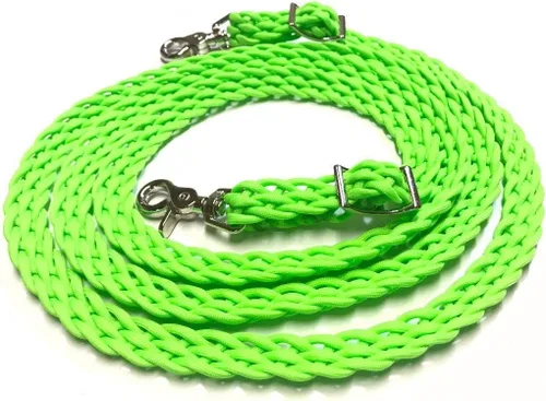 Vista 4 de riendas de cuerda de paracaídas trenzadas planas pony verde neón o caballo, tamaño caballo, cuerda lazo riendas