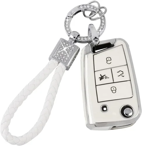 Vista 24 de PIFOOG Funda para llavero de TPU con cadena de llaves brillante, fundas de protección de botones para llaves de entrada sin llave, blanco plateado