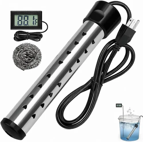 Calentador de agua de inmersión de 2000 W, calentador de agua eléctrico portátil con termómetro LCD y protector de acero inoxidable 304, calentador