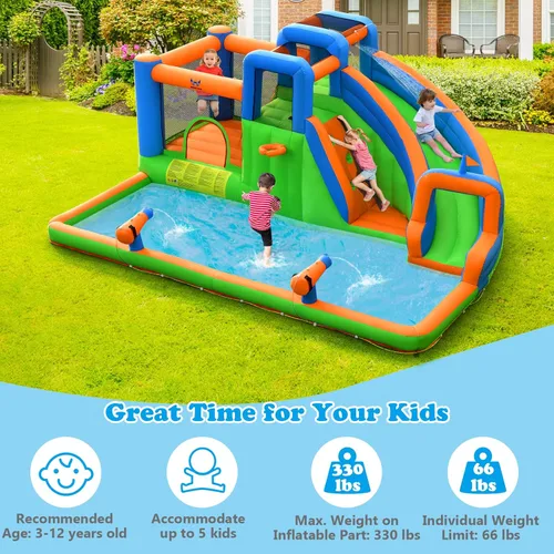 Vista 8 de BOUNTECH - Castillo inflable 9 en 1, tobogán de agua con zona de salto, pared de escalada, cañón de agua, piscina de salpicaduras, túnel, incluye