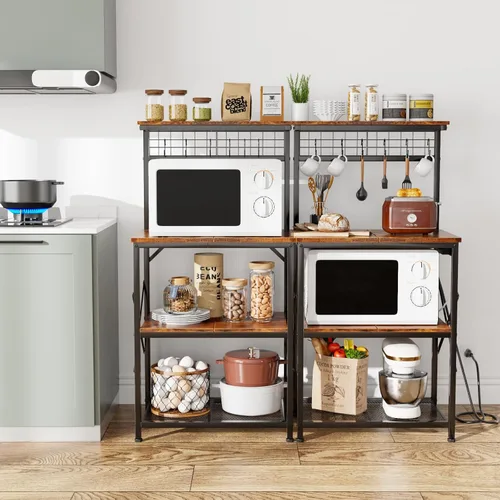 Vista 8 de Furologee Estante para hornear de cocina con toma de corriente, soporte para horno de microondas con almacenamiento de 4 niveles, mesa de café con 6