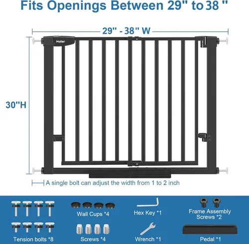 Vista 8 de Malier Puerta de bebé para escaleras con puerta grande para pasar, 29-38 pulgadas, puerta para perro montada a presión sin taladro, puerta
