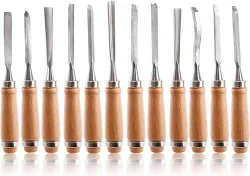 Dicunoy 12 piezas de herramientas de tallado de madera, cinceles para carpintería, cuchillos de tallado de madera de tamaño completo para