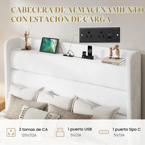 Vista 6 de SHA CERLIN - Marco de cama tamaño completo con estación de carga, cama de plataforma tapizada en terciopelo, cabecero con almacenamiento y respaldo