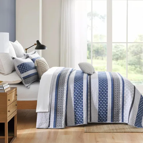Vista 2 de Juego de ropa de cama con colcha Homzard tamaño individual - Juego de edredón 100% algodón, colcha de cama gris y azul para la cama, ropa de cama