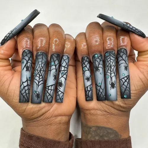 Vista 13 de IMSOHOT Uñas postizas, acrílicas de color naranja mate, puntas francesas cuadradas, 24 unidades, uñas extra largas con pegamento con bonitos diseños