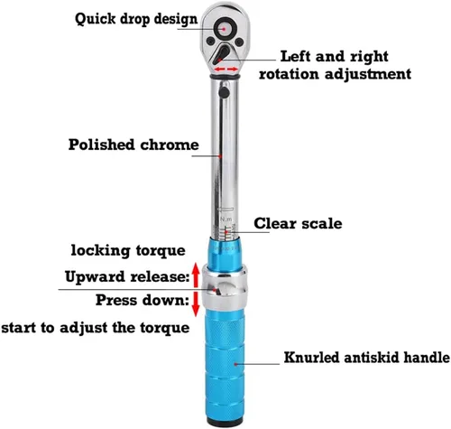 Vista 2 de ThreeH Llave dinamométrica de clic de 3/8 pulgadas 5-60 Nm/3.6-44ft-lb Llave dinamométrica ajustable de doble dirección con estuche
