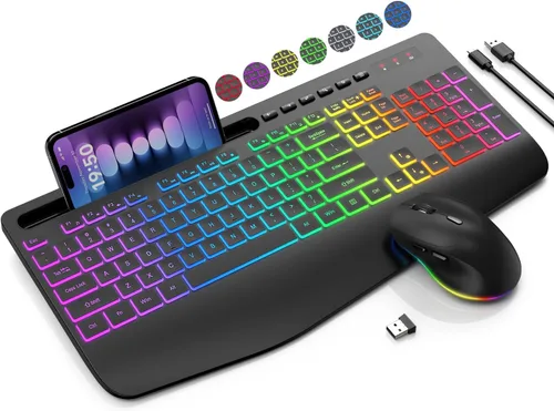 Vista 2 de SABLUTE Combo de teclado y mouse inalámbricos, 9 efectos retroiluminados, reposamuñecas, soporte para teléfono, teclados ergonómicos sin retrasos