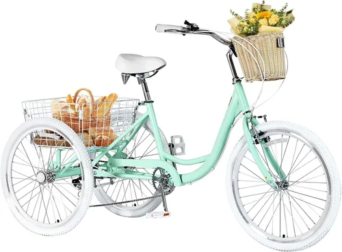 Triciclos para adultos de 7 velocidades para adultos, bicicletas de 3 ruedas de 20/24/26 pulgadas con cesta delantera y trasera, triciclo para