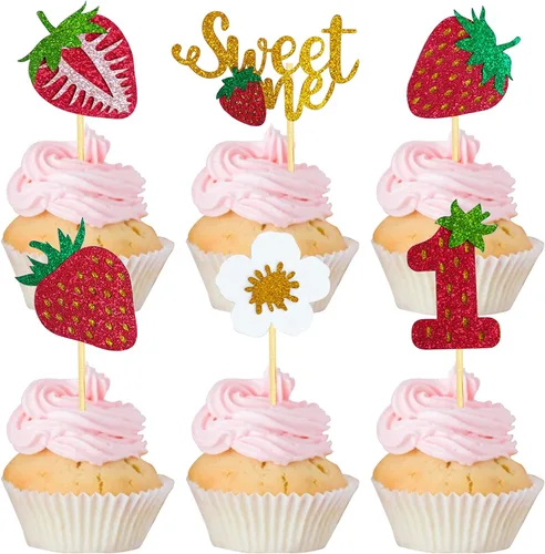 24 piezas con purpurina de fresa dulce uno para cupcakes, palillos para tartas temáticas de frutas, bayas, suministros de decoración de fiesta de