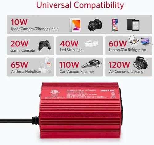 Vista 5 de BESTEK Inversor de Potencia de 300W - Convertidor de DC 12V a 110V AC, Adaptador de Cargador Rápido para Automóvil con USB-C de 30W/Carga Rápida