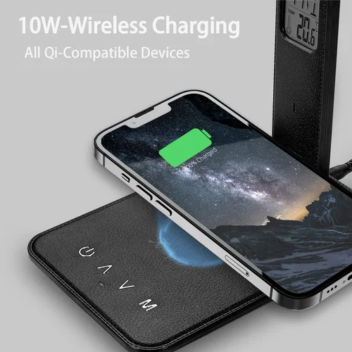 Vista 2 de Lámpara de escritorio, lámpara LED con cargador inalámbrico, puerto de cargador USB, control táctil, 3 modos de color, 5 niveles de brillo, lámpara