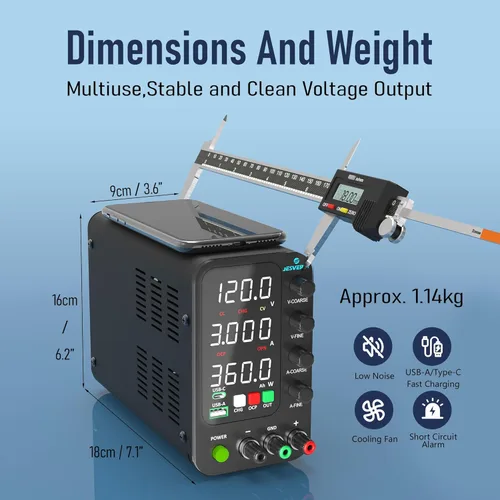 Vista 5 de Fuente de alimentación CC variable, 0-120 V 0-3 A, fuente de alimentación de banco de conmutación con modo de carga inteligente, USB de 20 W y carga