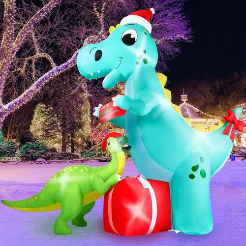 Vista 6 de Inflables de Dinosaurio de Navidad de 8 pies al Aire Libre, Decoraciones Inflables de Navidad Iluminadas para Patio, Decoraciones Gigantes de T-rex