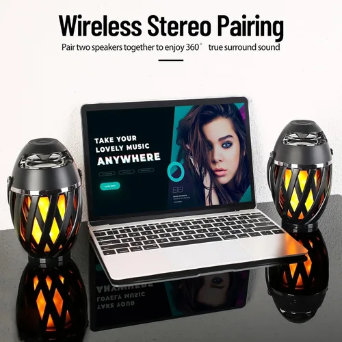 Vista 4 de Paquete de 2 altavoces Bluetooth para exteriores, impermeables, inalámbricos, regalos de cumpleaños para hombres, papá, luz ambiental de llama LED