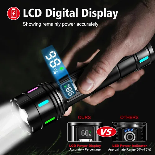 Vista 4 de Linterna 20000 Lúmenes Altos Recargable - Luz LED Flash Súper Brillante de 30W con Pantalla LCD Haz de 3937ft y 12H de Larga Duración USB C