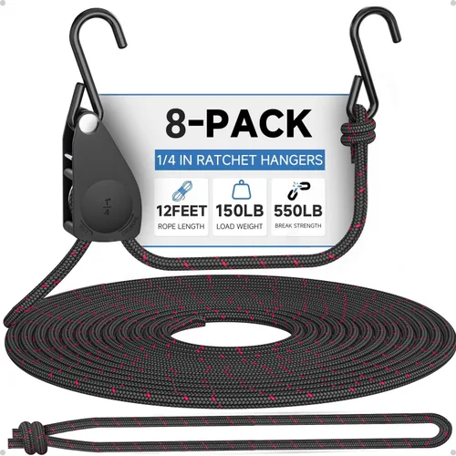 Vista 12 de Fondwell Correas de trinquete de amarre de 1/4 pulgadas: paquete de 2 perchas ajustables para cuerda de luz de crecimiento, mini correas