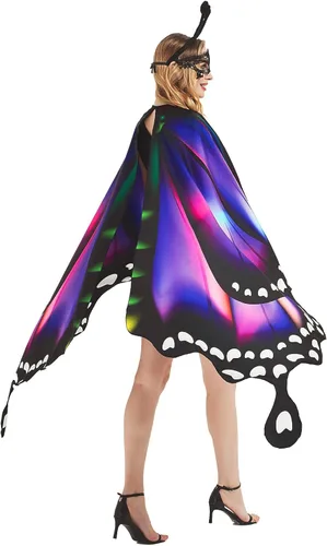 Vista 6 de Disfraces de Halloween para mujeres y adolescentes Chal de alas de mariposa dobles con máscara y diadema de antena