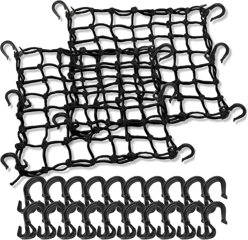 Paquete de 2 redes de carga para motocicleta de 15 x 15 pulgadas que se estiran a 30 x 30 pulgadas, malla ajustada de 2 x 2 pulgadas, total de 20