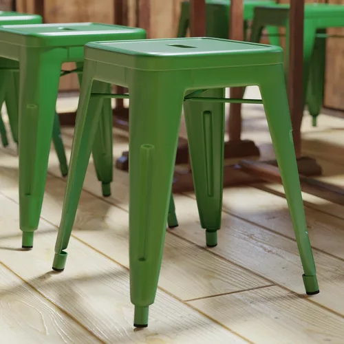 Vista 76 de Flash Furniture Taburete de metal para mesa de comedor, taburete de grado comercial Kai morado sin espalda, silla de comedor apilable de 18